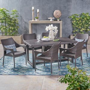 Kora Multi-Brown 7-Piece Faux Rattan Outdoor Dining Set with Stacking Chairs