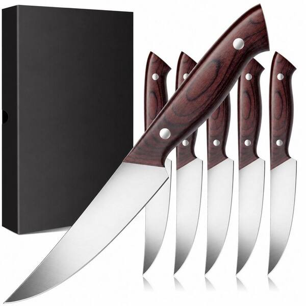 Set of 6 Non-Serrated 4.5 in High Carbon Japanese Stainless Steel Steak Knives with Ergonomic Handles and Gift Box