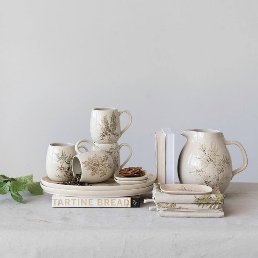 Cream and Green Botanical Debossed Ceramic Dish Set