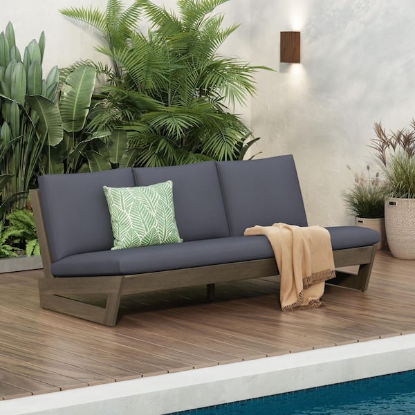 Paul Modern Gray Finish Solid Wood Patio 3 Seater Sofa Outdoor Couch with Dark Gray Cushions
