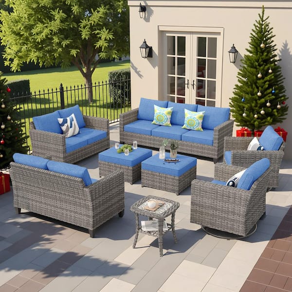 OVIOS New Star Gray 8-Piece Wicker Patio Conversation Seating Set with Blue Cushions and Swivel Chairs