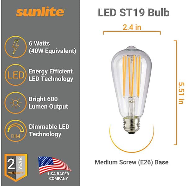 Sunlite 40-Watt Equivalent ST19 Dimmable Vintage Edison LED Light Bulb, Amber 2200K (6-Pack)