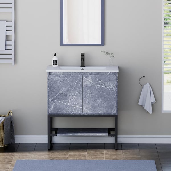 eclife 30 in. W x 18 in. D x 33 in. H Single Sink Freestanding Bath Vanity Cabinet in Gray with White Ceramic Top