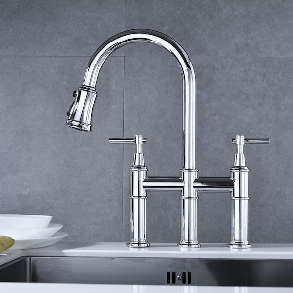 Double Handle Gooseneck Bridge Kitchen Faucet with 3-Function in Polished Chrome