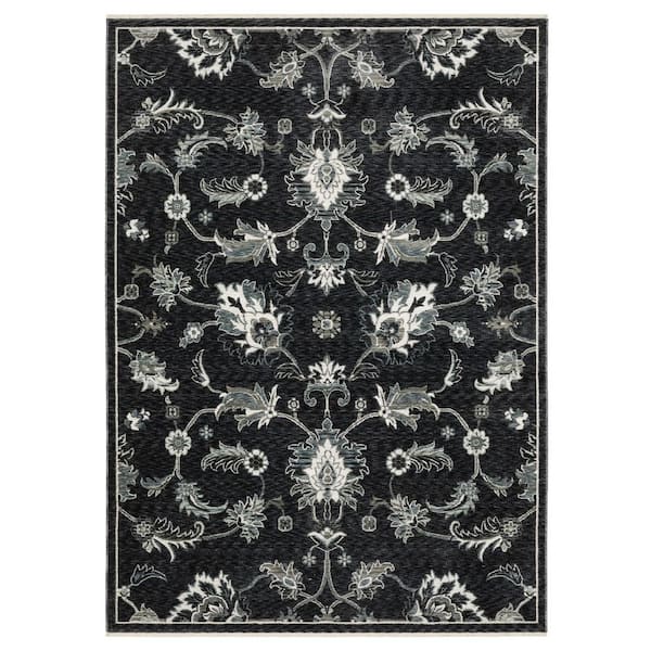 Eclipse Blue/Ivory 7 ft. x 10 ft. Traditional Old World Floral Polyester Fringe-Edge Indoor Area Rug
