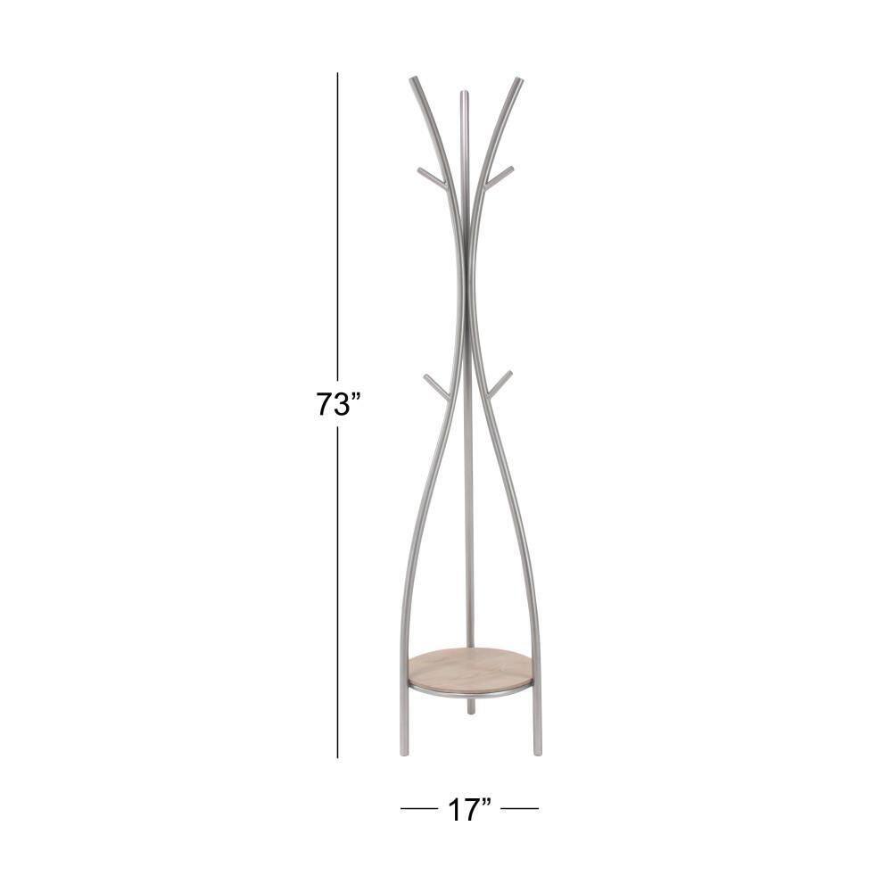 Silver and Beige Metal Freestanding Coat Rack with Shelf