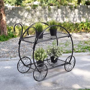 Outdoor Black Metal Flower Cart Plant Stand (2-Tier)