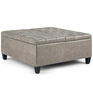 Harrison 36 in. Wide Transitional Square Coffee Table Storage Ottoman in Distressed Grey Taupe Faux Leather