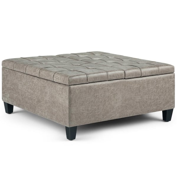 Distressed Grey Taupe Faux Leather, Large Faux Leather Ottoman Coffee Table