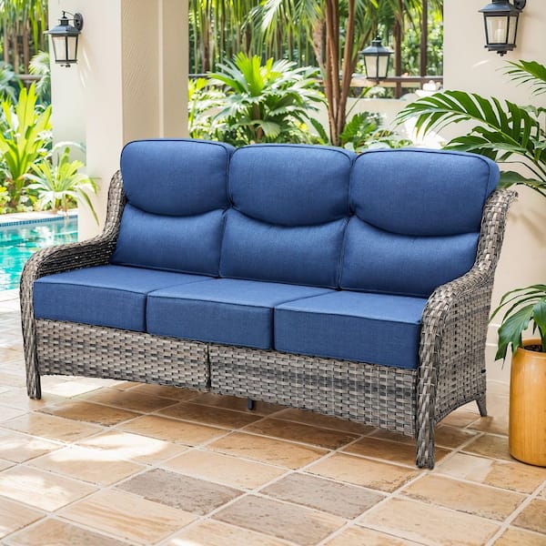 NovaSwivel Gray 3-Piece Wicker Outdoor Couch Patio Sectional Sofa with 6 in. Thick Blue Cushions and Ottomans