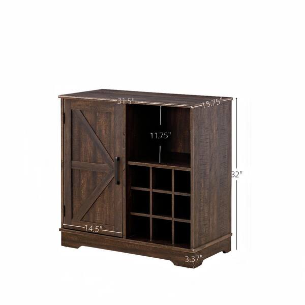 FUNKOL 31.5in x 15.75in x 31.5in Espresso MDF Ready to Assemble Kitchen Cabinet with 1 Barn Wood Cabinet Door and 9 Wine Racks