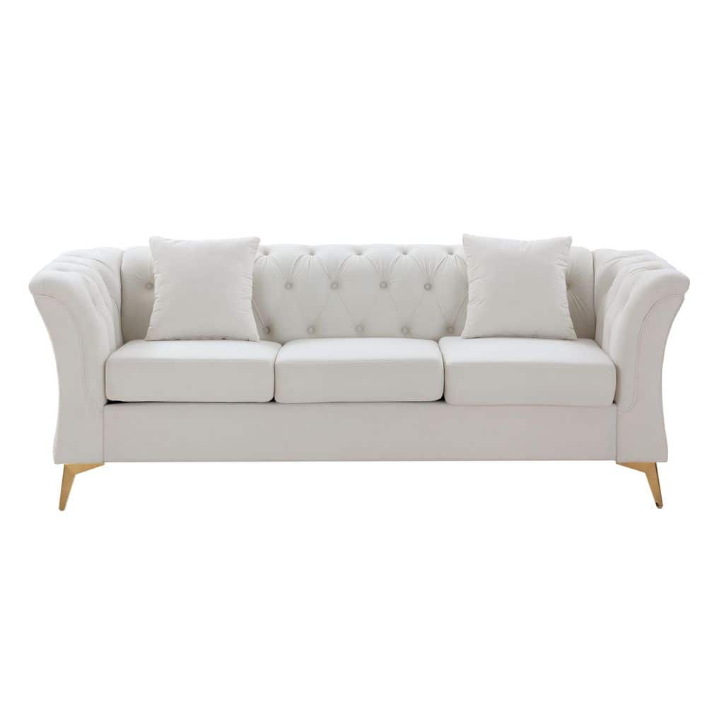 84 in. W Rolled Arm Modern Chesterfield Tufted Velvet Curved Rectangle Straight Sofa in Beige (3-Seat)