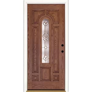 37.5 in. x 81.625 in. Medina Brass Center Arch Lite Stained Medium Oak Left-Hand Inswing Fiberglass Prehung Front Door