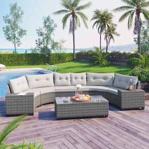 Modern Half-Moon Gray Wicker Outdoor Sectional Set with Beige Cushions (8-Piece)