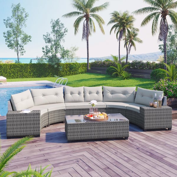 Harper & Bright Designs Modern Half-Moon Gray Wicker Outdoor Sectional Set with Beige Cushions (8-Piece)