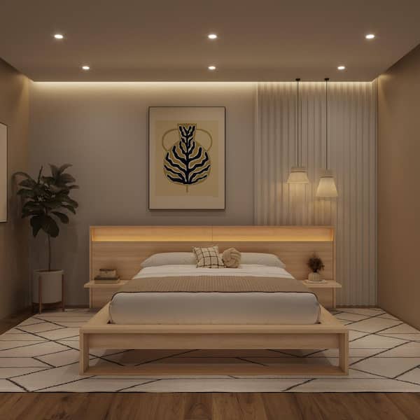 Lido Beige Oak Queen Size Extended Headboard with Integrated Shelves and Lighting