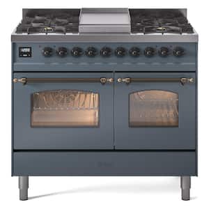 Nostalgie II 40 in. 6-Burner plus Griddle  Double Oven Liquid Propane Dual Fuel Range in Blue Grey with Bronze