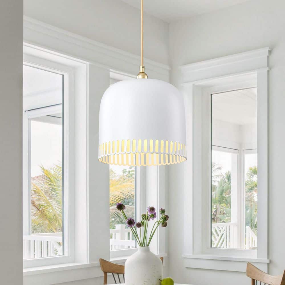 8.66 in. 1-Light Gold Iron Semi-Domed Shape Pendant Light with Matte White Metal Shade Hollow Out Design for Living Room price history on PriceWatchPro