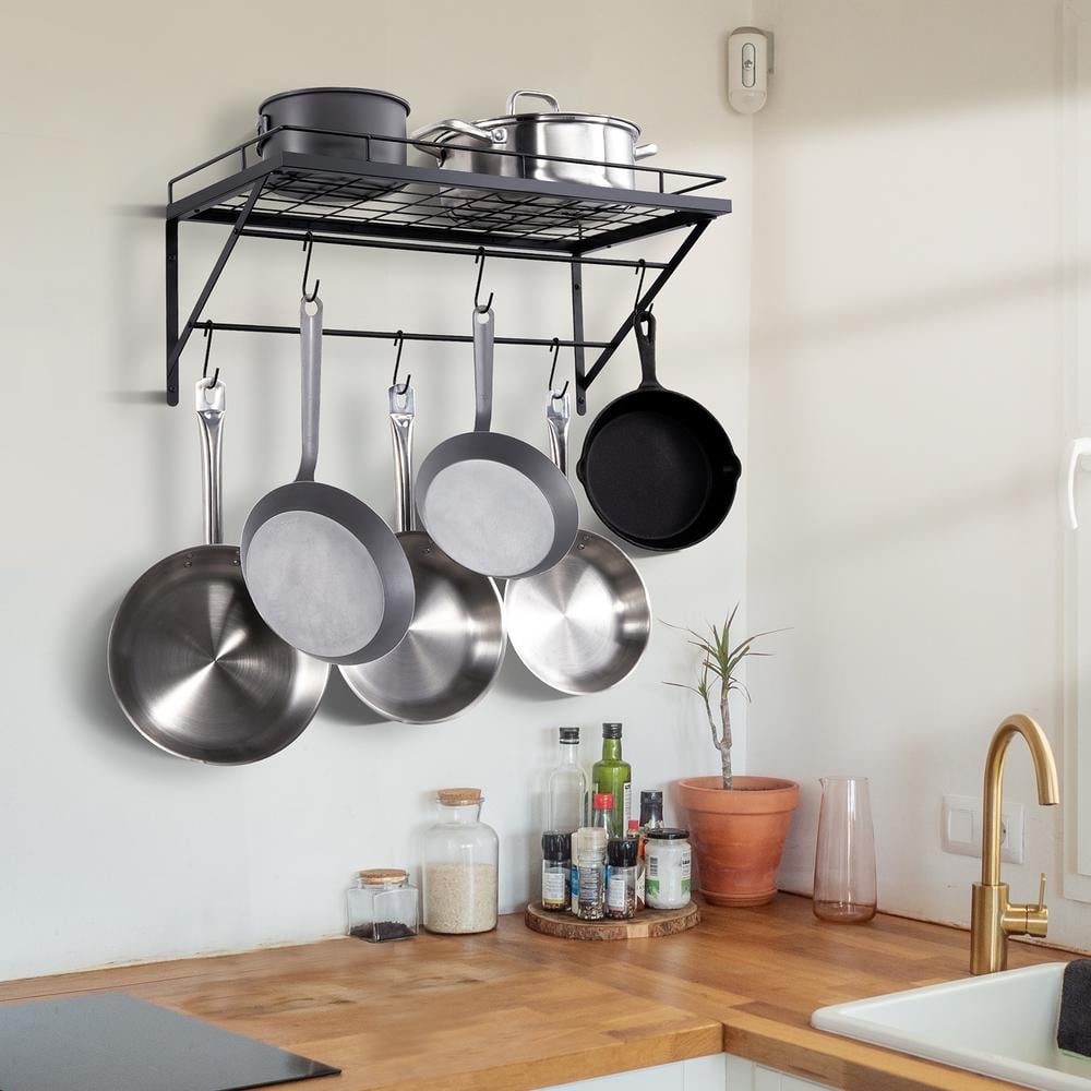 Black 24-Inch Wall-Mounted Metal Pot Rack with 12 Hooks