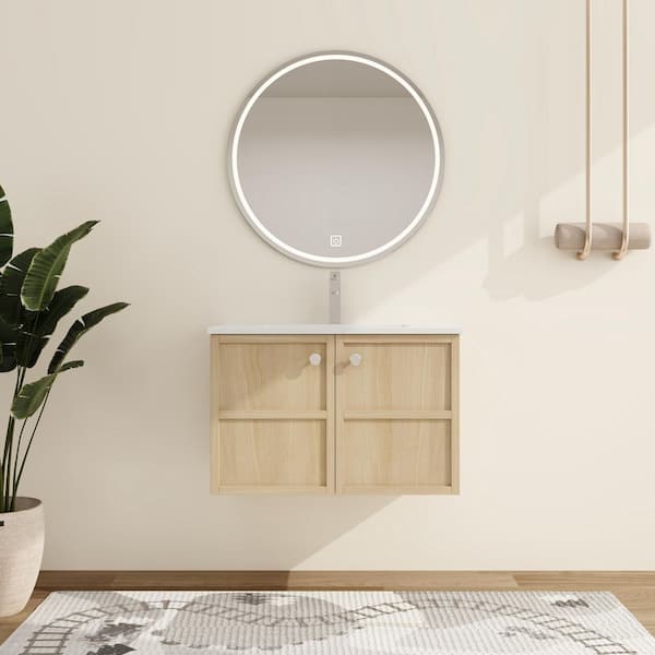 30 in. W x 18.31 in. D x 19.69 in. H Wall Mounted Bath Vanity in Light Oak with White Ceramic Vanity Top