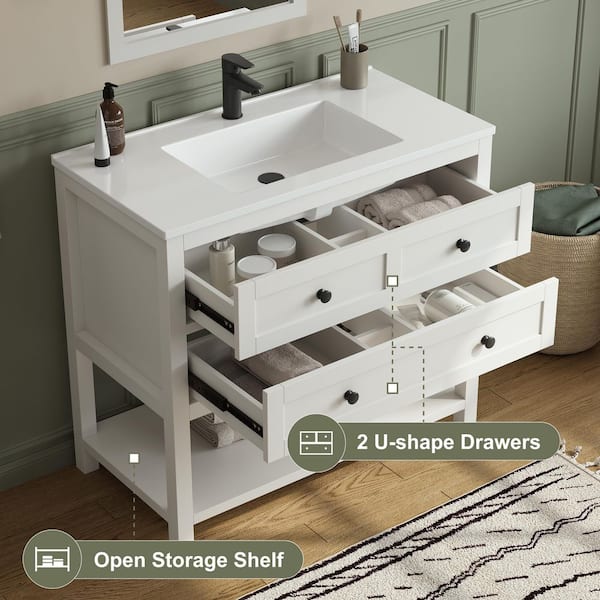 Shay 37 in. Single Sink White Bath Vanity with White Engineered Solid Surface Top and 2 Drawers (Unassembled)