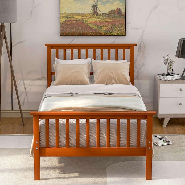 Oak Brown Wood Frame Twin Upholstered Platform Bed with Headboard and Footboard