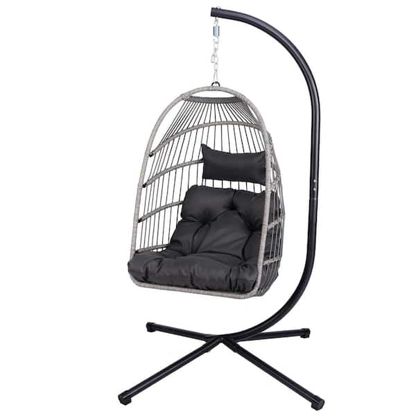 270 lbs. 1-Person Outdoor Gray Wicker Porch Swing Egg Chair with Gray Cushion