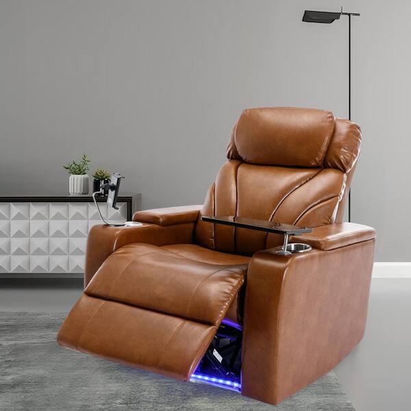 Light Brown Faux Leather Recliner with USB Charging, Audio, Hidden Arm  Storage, Cup Holder, 135° Tilt, Theater Seating LL-SG000800AAS - The Home  Depot