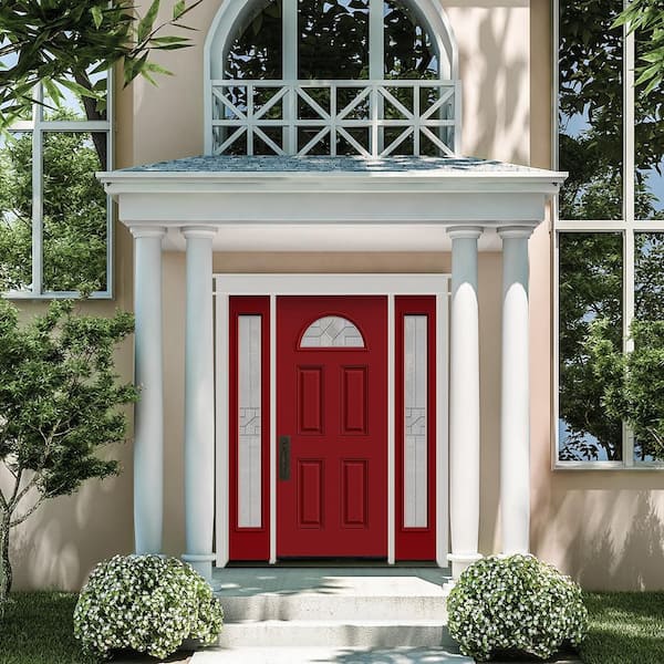 60 in. x 80 in. Right-Hand FanLite Caldwell DecorativeGlass CranberryRed Paint Fiberglass Prehung Front Door W/Sidelites