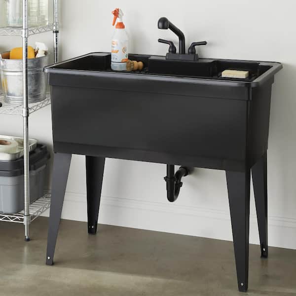 23.75 in. D x 39.5 in. W Freestanding Laundry/Utility Sink in Black with Black Pullout Faucet