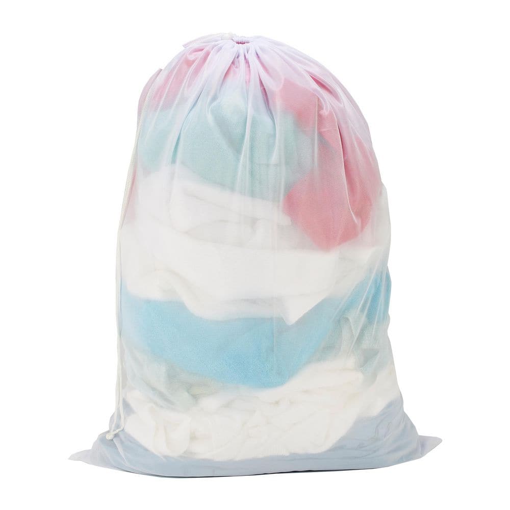 White Collapsible Mesh Laundry Bag with Drawstring Closure