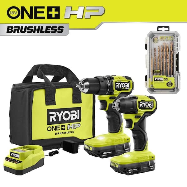 ONE+ HP 18V Brushless Cordless Compact 2-Tool Combo Kit w/(2) Batteries, Charger, Bag & Titanium Drill Bit Set (22PC)