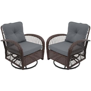 2--Piece Brown Wicker 360° Swivel Outdoor Rocking Chair with Dark Gray Cushion