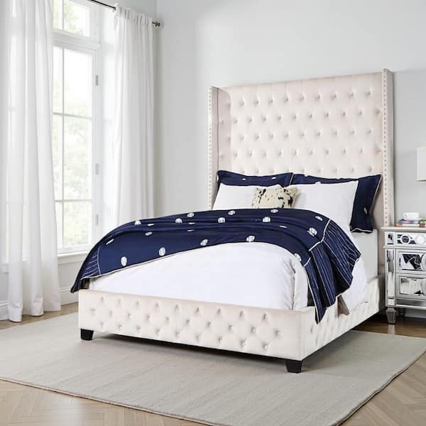 Benjara Daisy Beige and Black Wood Frame Queen Size Panel Bed with Button Tufted