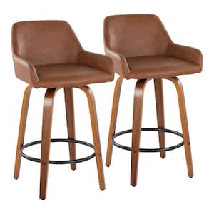 Daniella 25.5 in. Camel Faux Leather, Walnut Wood and Black Metal Fixed-Height Counter Stool (Set of 2)