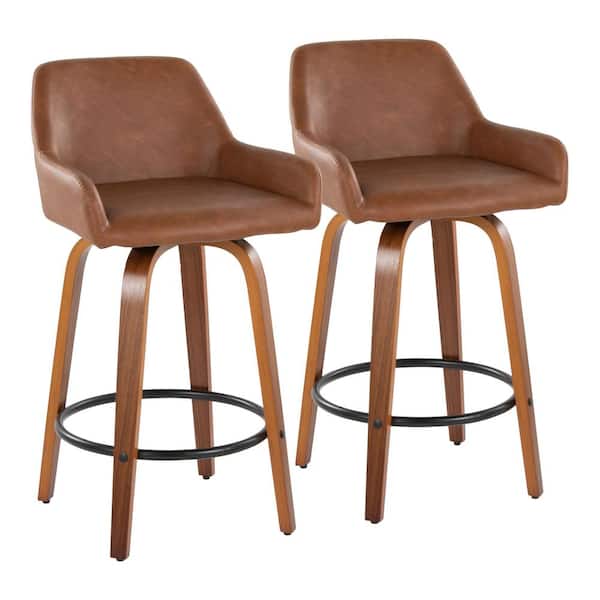 Lumisource Daniella 25.5 in. Camel Faux Leather, Walnut Wood and Black Metal Fixed-Height Counter Stool (Set of 2)