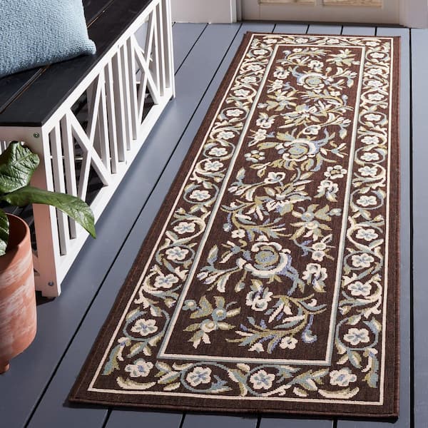 Veranda Chocolate/Aqua 2 ft. x 8 ft. Ornate Floral Border Indoor/Outdoor Runner Rug