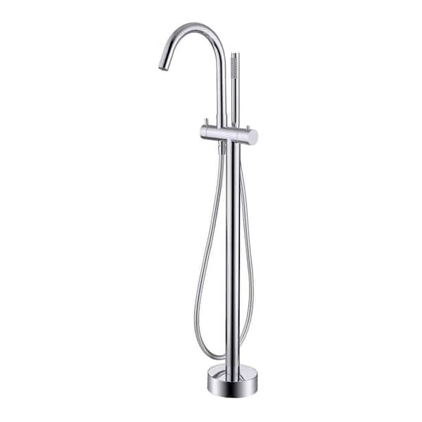 2-Handle Thermostatic Freestanding Tub Faucet with Hand Shower Stainless Steel Floor Mount Tub Filler in Polished Chrome