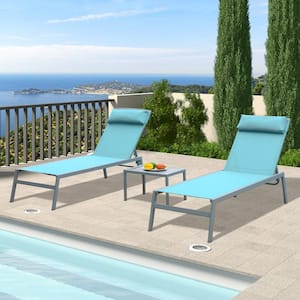 All Weather Outdoor Aluminum Turquoise Blue Chaise Lounge Set of 3