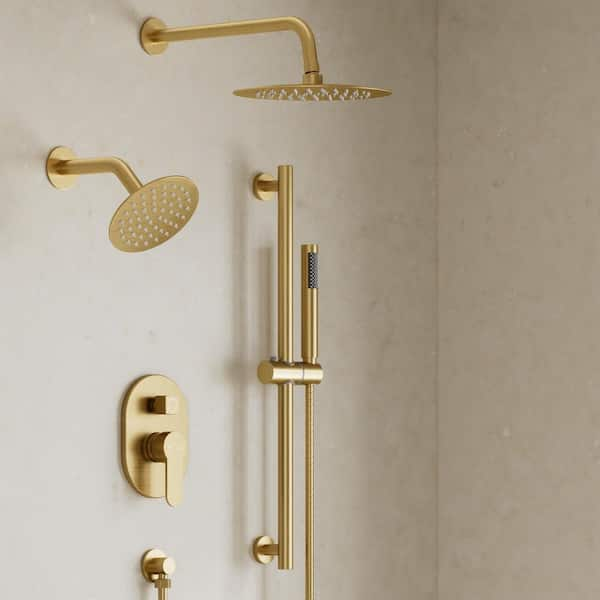 3-Spray Wall Mounted 10 and 6 in. Dual Shower Head and Handheld Shower Head in Brushed Gold (Valve Included)