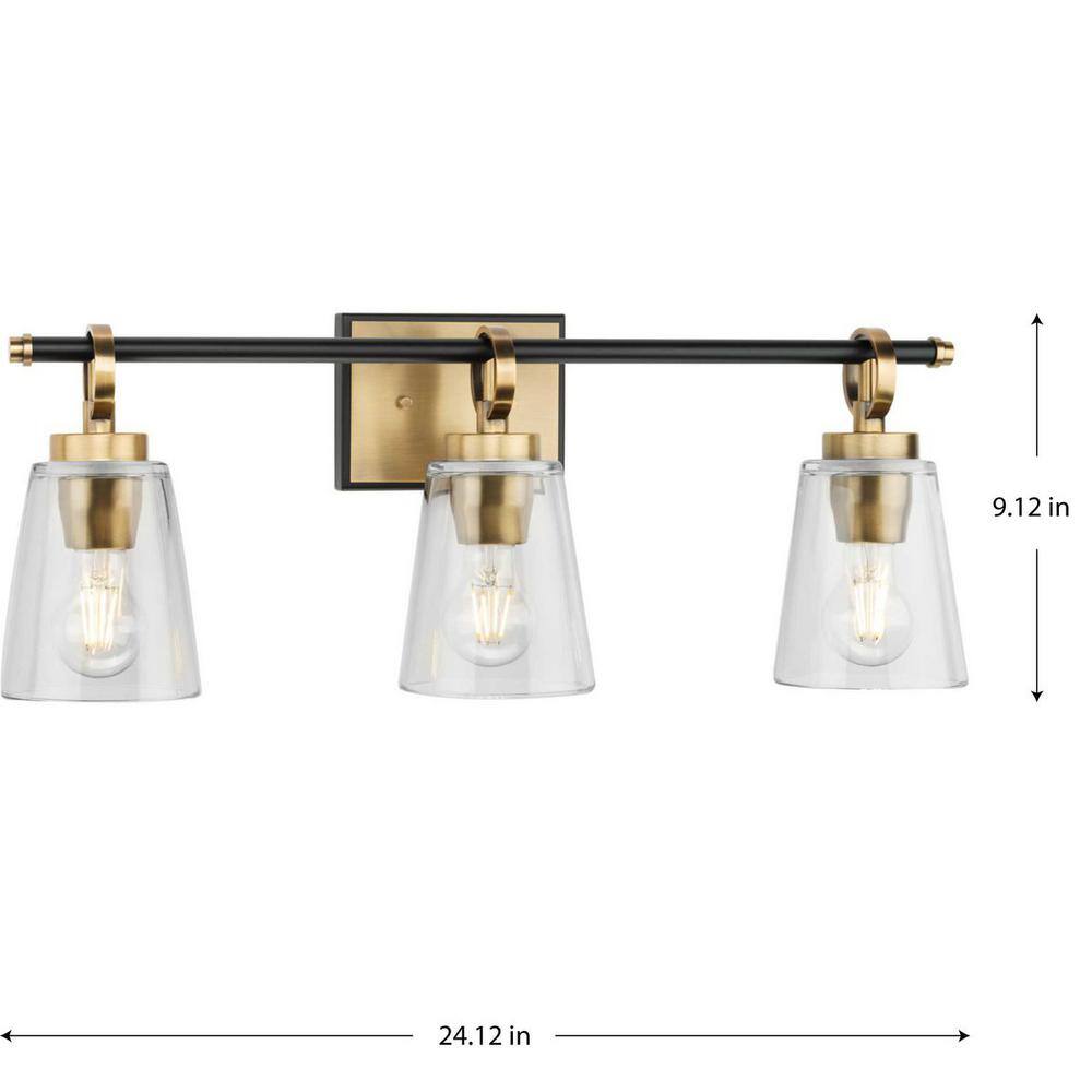 Cassell 3-Light Vintage Brass and Black Vanity Fixture