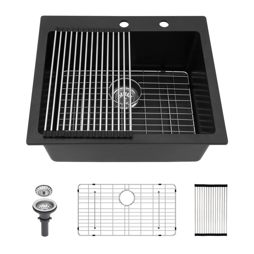 25 in. Drop-In Single Bowl Quartz Kitchen Sink in Black