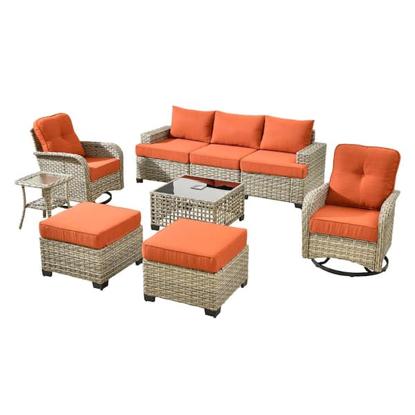 Torino Gray 9-Piece Modern Wicker Patio Conversation Deep Seating Set with Swivel Rocking Chairs and Orange Red Cushions