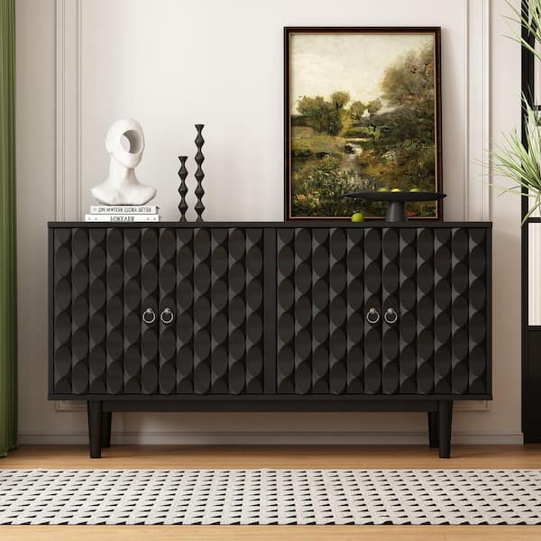 Harper & Bright Designs Black Wood 60.7 in. Modern Stylish 4-door Sideboard with Adjustable Shelves, Convex Pattern Doors and Silver Handles