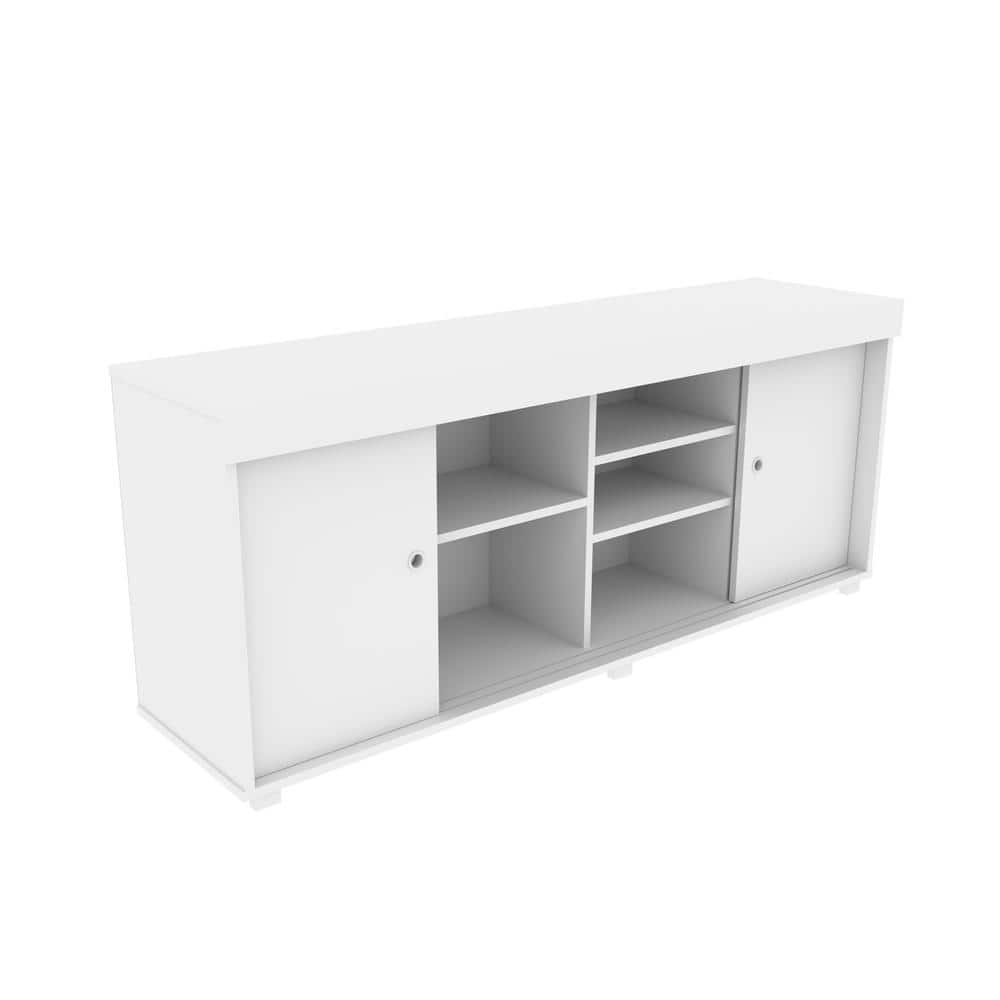 Modern White Particleboard TV Stand with Open Shelves and Cabinet