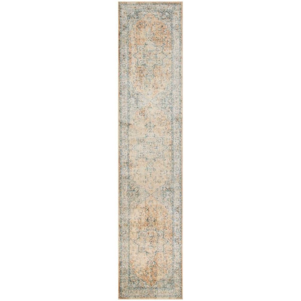 Nourison Astra Machine Washable Beige Blue 2 ft. x 8 ft. Center medallion Traditional Runner Area Rug