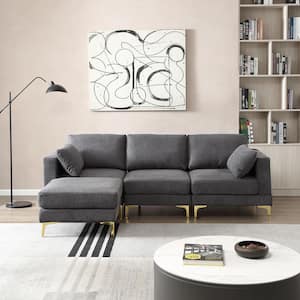 92.9 in Wide Square Arm Polyester Modern L-shaped Sofa in. Dark Gray with Ottoman and 2 Pillows