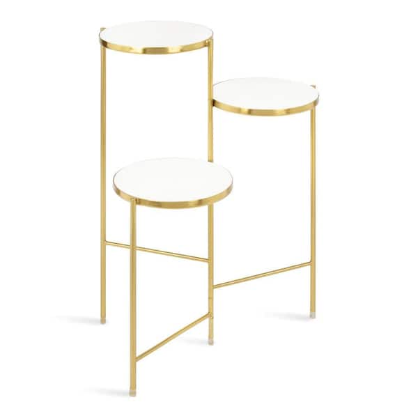 Fields 10 in. White/Gold Round Wood Indoor Plant Stand
