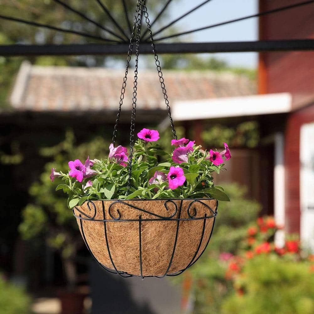 14-Inch Black Metal Hanging Planter Basket with Coco Liner, 4-Pack