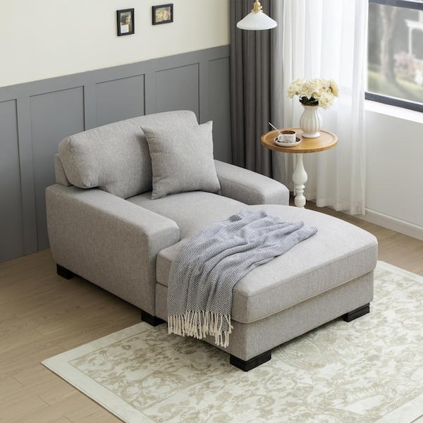 Harper & Bright Designs Gray Velvet Upholstered Square Arm Chaise Lounge, Sleeper Sofa with Pillow, Solid Wood Legs